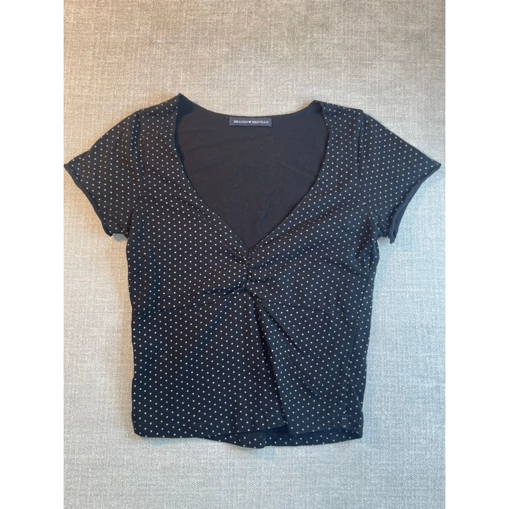 Brandy Melville Black Polka Dot Ruched V-Neck Short Sleeve Top One Size
